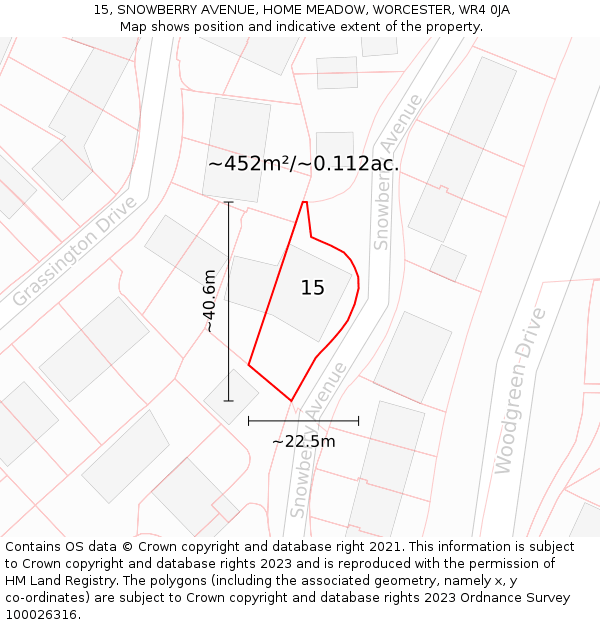 15, SNOWBERRY AVENUE, HOME MEADOW, WORCESTER, WR4 0JA: Plot and title map
