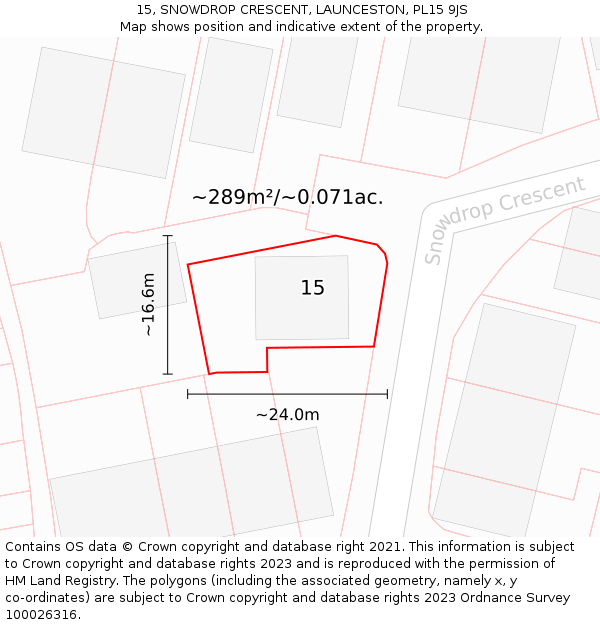 15, SNOWDROP CRESCENT, LAUNCESTON, PL15 9JS: Plot and title map