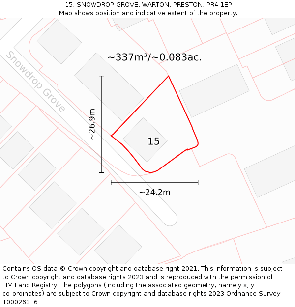 15, SNOWDROP GROVE, WARTON, PRESTON, PR4 1EP: Plot and title map