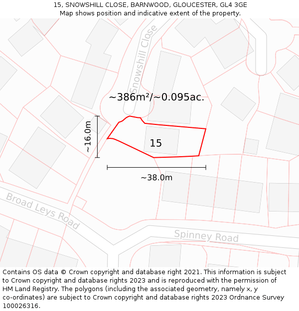 15, SNOWSHILL CLOSE, BARNWOOD, GLOUCESTER, GL4 3GE: Plot and title map