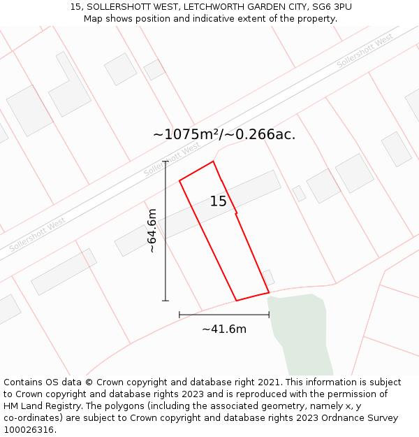 15, SOLLERSHOTT WEST, LETCHWORTH GARDEN CITY, SG6 3PU: Plot and title map