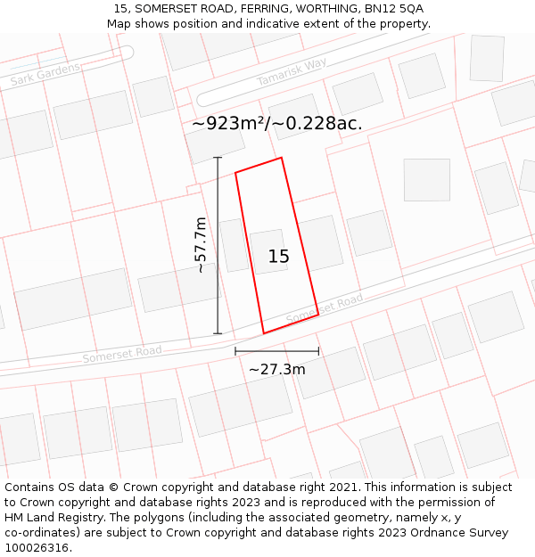 15, SOMERSET ROAD, FERRING, WORTHING, BN12 5QA: Plot and title map