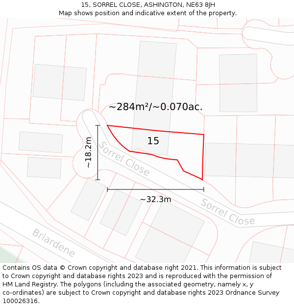 15, SORREL CLOSE, ASHINGTON, NE63 8JH: Plot and title map