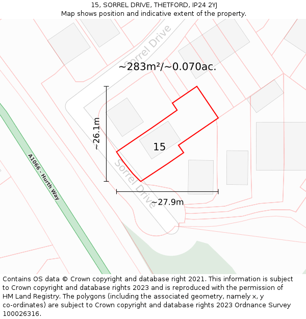 15, SORREL DRIVE, THETFORD, IP24 2YJ: Plot and title map