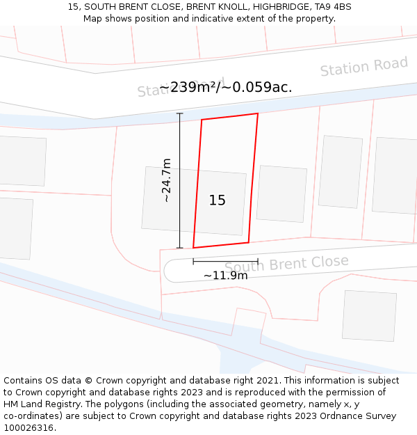 15, SOUTH BRENT CLOSE, BRENT KNOLL, HIGHBRIDGE, TA9 4BS: Plot and title map