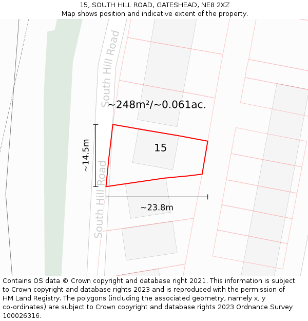 15, SOUTH HILL ROAD, GATESHEAD, NE8 2XZ: Plot and title map