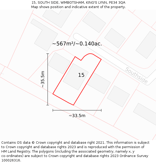 15, SOUTH SIDE, WIMBOTSHAM, KING'S LYNN, PE34 3QA: Plot and title map