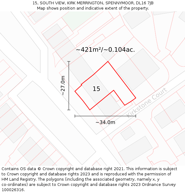 15, SOUTH VIEW, KIRK MERRINGTON, SPENNYMOOR, DL16 7JB: Plot and title map