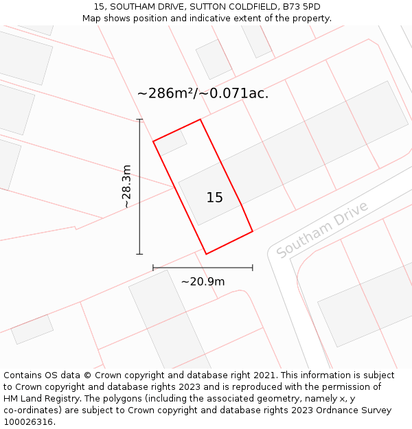 15, SOUTHAM DRIVE, SUTTON COLDFIELD, B73 5PD: Plot and title map