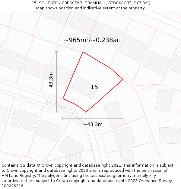 15, SOUTHERN CRESCENT, BRAMHALL, STOCKPORT, SK7 3AQ: Plot and title map
