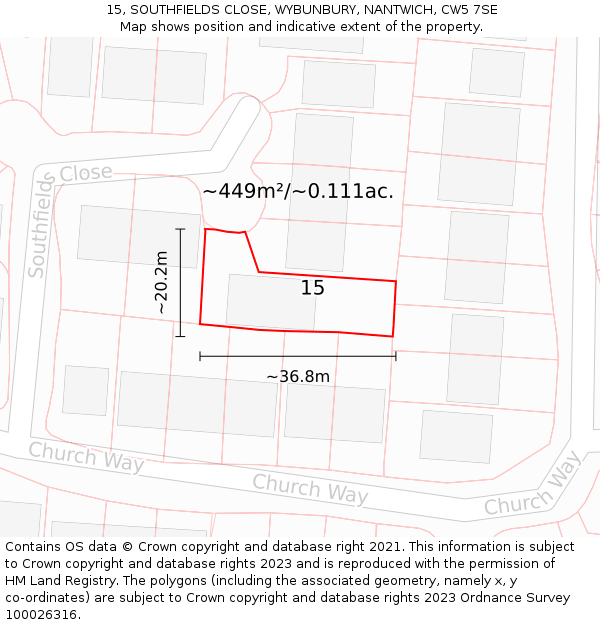 15, SOUTHFIELDS CLOSE, WYBUNBURY, NANTWICH, CW5 7SE: Plot and title map