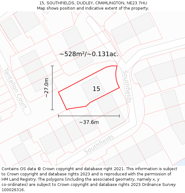 15, SOUTHFIELDS, DUDLEY, CRAMLINGTON, NE23 7HU: Plot and title map