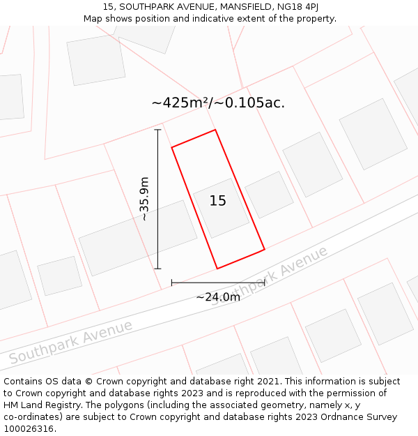 15, SOUTHPARK AVENUE, MANSFIELD, NG18 4PJ: Plot and title map