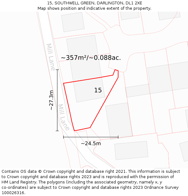 15, SOUTHWELL GREEN, DARLINGTON, DL1 2XE: Plot and title map