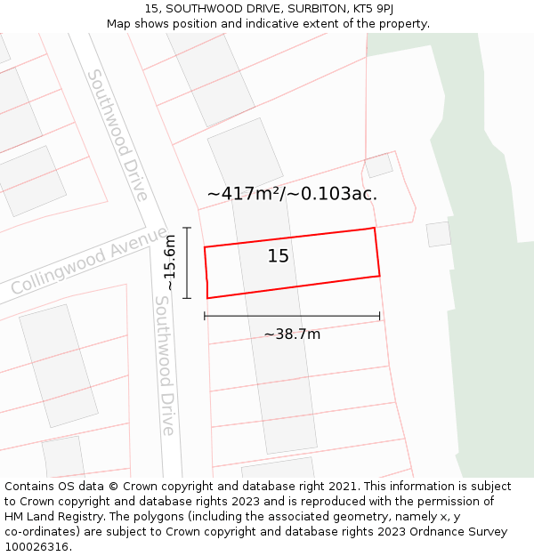 15, SOUTHWOOD DRIVE, SURBITON, KT5 9PJ: Plot and title map