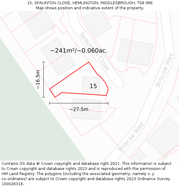 15, SPAUNTON CLOSE, HEMLINGTON, MIDDLESBROUGH, TS8 9RE: Plot and title map