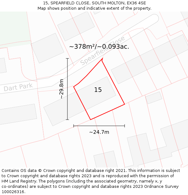 15, SPEARFIELD CLOSE, SOUTH MOLTON, EX36 4SE: Plot and title map