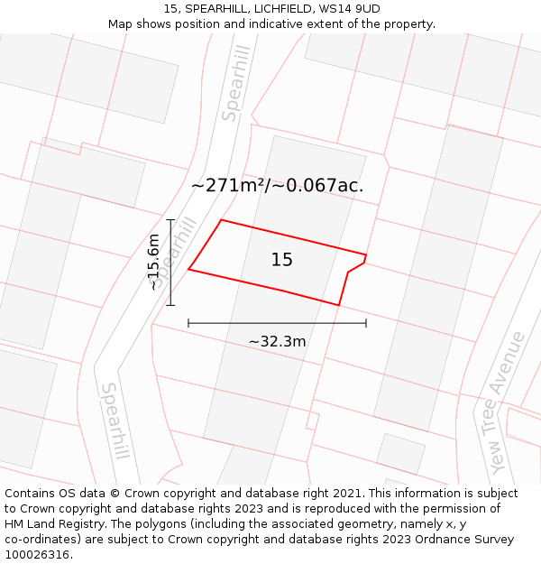 15, SPEARHILL, LICHFIELD, WS14 9UD: Plot and title map