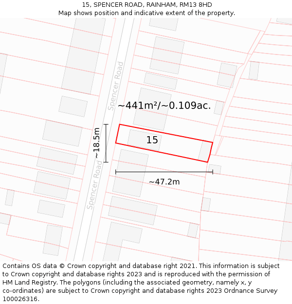 15, SPENCER ROAD, RAINHAM, RM13 8HD: Plot and title map