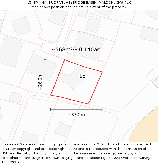15, SPINNAKER DRIVE, HEYBRIDGE BASIN, MALDON, CM9 4UG: Plot and title map