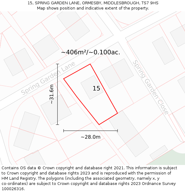 15, SPRING GARDEN LANE, ORMESBY, MIDDLESBROUGH, TS7 9HS: Plot and title map