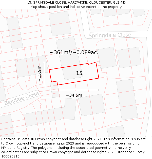 15, SPRINGDALE CLOSE, HARDWICKE, GLOUCESTER, GL2 4JD: Plot and title map