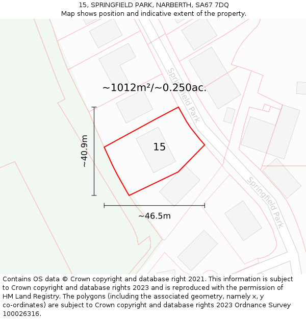 15, SPRINGFIELD PARK, NARBERTH, SA67 7DQ: Plot and title map