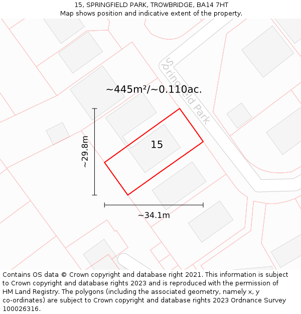 15, SPRINGFIELD PARK, TROWBRIDGE, BA14 7HT: Plot and title map