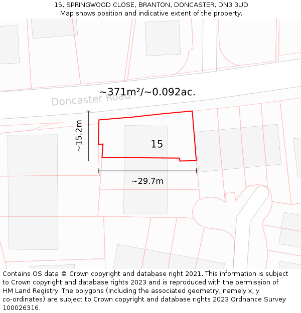 15, SPRINGWOOD CLOSE, BRANTON, DONCASTER, DN3 3UD: Plot and title map