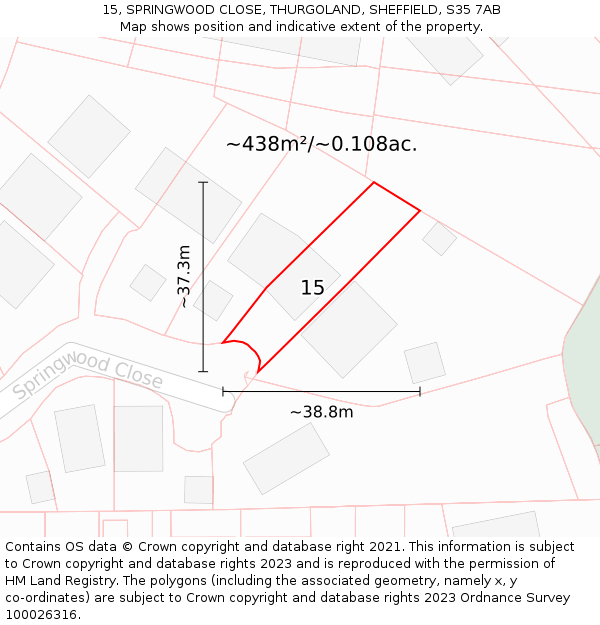 15, SPRINGWOOD CLOSE, THURGOLAND, SHEFFIELD, S35 7AB: Plot and title map