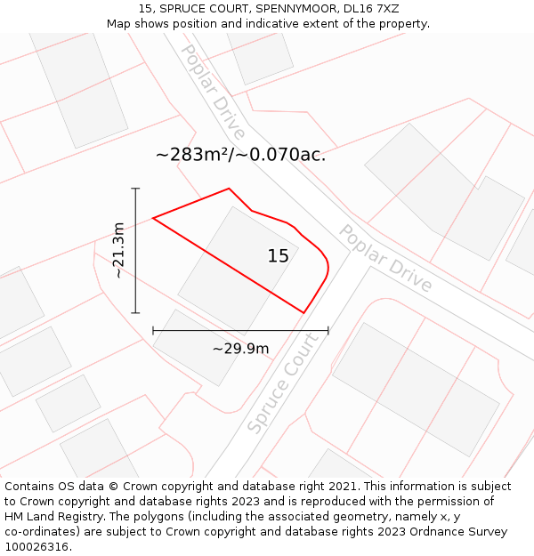 15, SPRUCE COURT, SPENNYMOOR, DL16 7XZ: Plot and title map