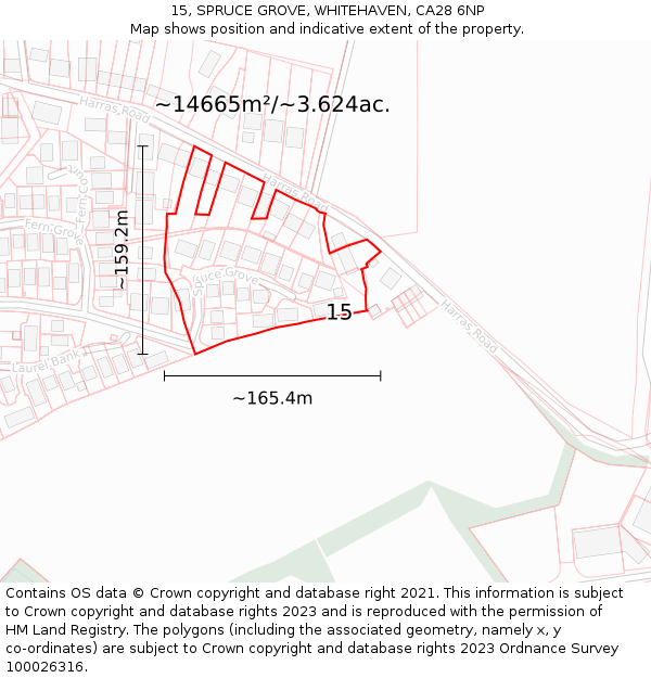 15, SPRUCE GROVE, WHITEHAVEN, CA28 6NP: Plot and title map