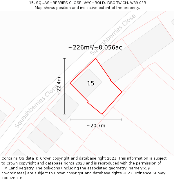 15, SQUASHBERRIES CLOSE, WYCHBOLD, DROITWICH, WR9 0FB: Plot and title map