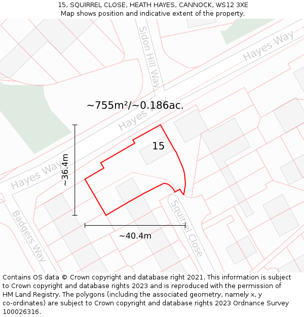 15, SQUIRREL CLOSE, HEATH HAYES, CANNOCK, WS12 3XE: Plot and title map