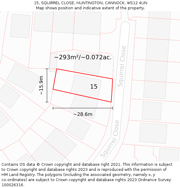 15, SQUIRREL CLOSE, HUNTINGTON, CANNOCK, WS12 4UN: Plot and title map