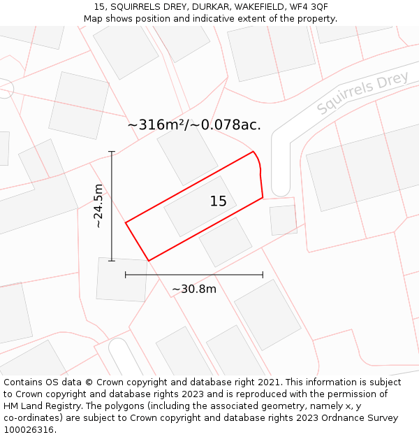 15, SQUIRRELS DREY, DURKAR, WAKEFIELD, WF4 3QF: Plot and title map