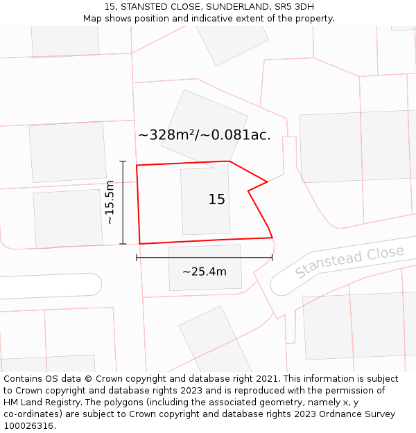 15, STANSTED CLOSE, SUNDERLAND, SR5 3DH: Plot and title map