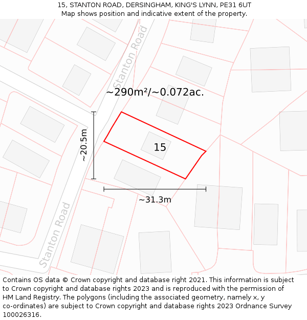 15, STANTON ROAD, DERSINGHAM, KING'S LYNN, PE31 6UT: Plot and title map