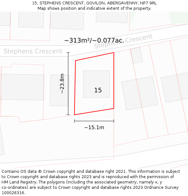 15, STEPHENS CRESCENT, GOVILON, ABERGAVENNY, NP7 9RL: Plot and title map