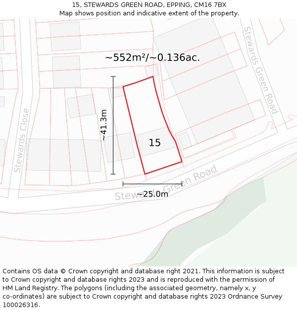 15, STEWARDS GREEN ROAD, EPPING, CM16 7BX: Plot and title map
