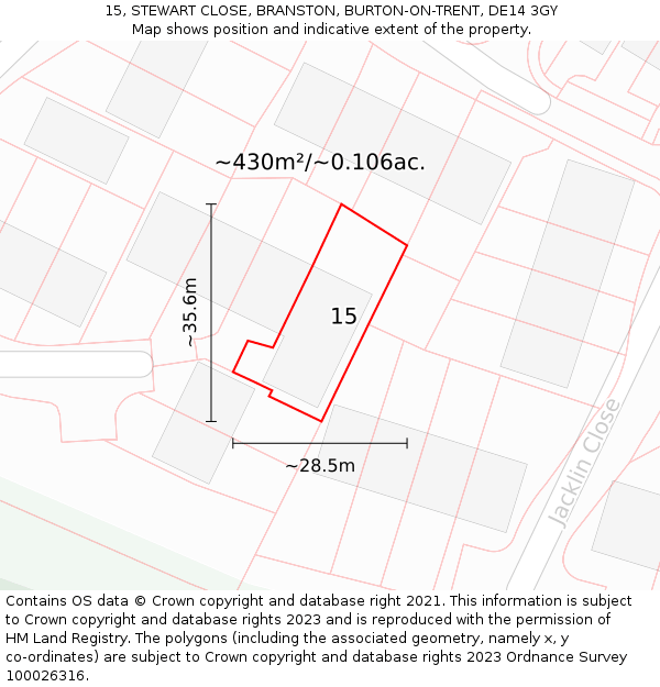 15, STEWART CLOSE, BRANSTON, BURTON-ON-TRENT, DE14 3GY: Plot and title map