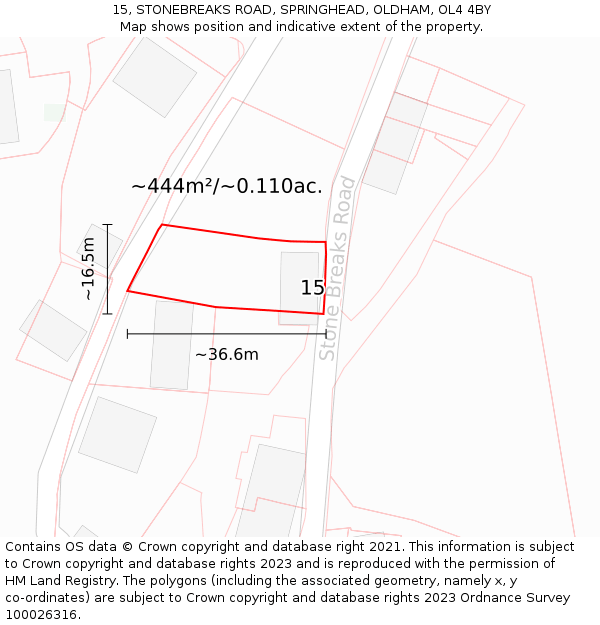 15, STONEBREAKS ROAD, SPRINGHEAD, OLDHAM, OL4 4BY: Plot and title map