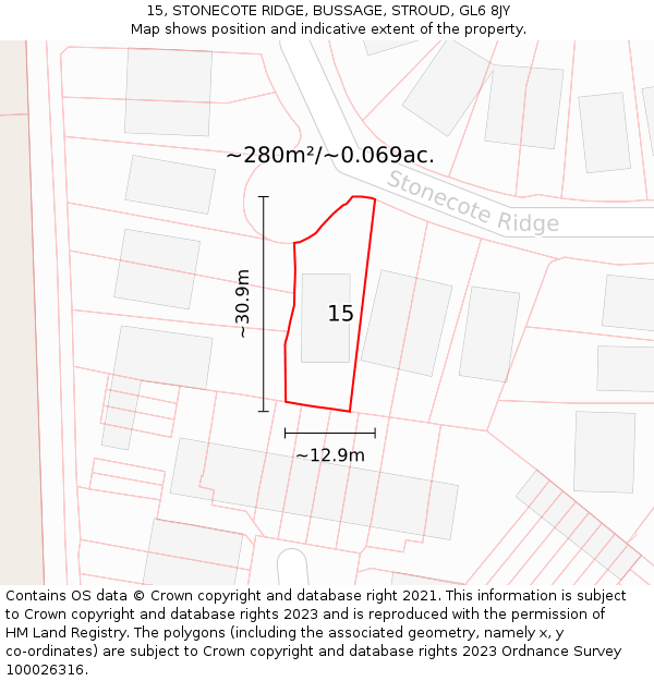 15, STONECOTE RIDGE, BUSSAGE, STROUD, GL6 8JY: Plot and title map