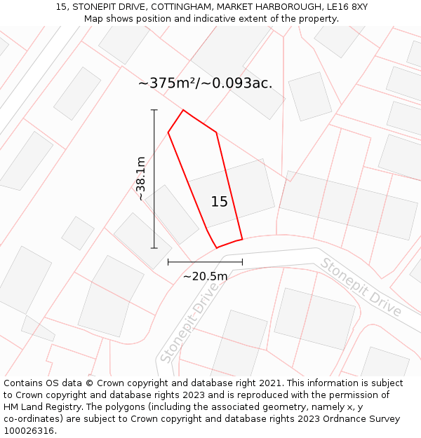 15, STONEPIT DRIVE, COTTINGHAM, MARKET HARBOROUGH, LE16 8XY: Plot and title map