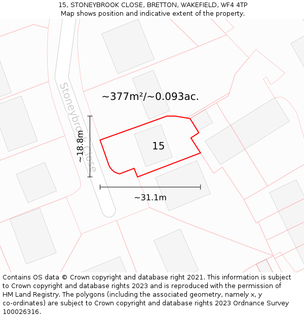 15, STONEYBROOK CLOSE, BRETTON, WAKEFIELD, WF4 4TP: Plot and title map
