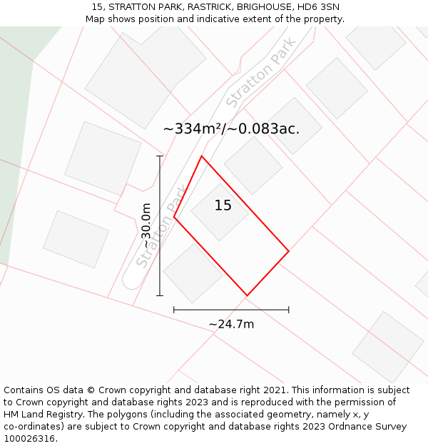 15, STRATTON PARK, RASTRICK, BRIGHOUSE, HD6 3SN: Plot and title map