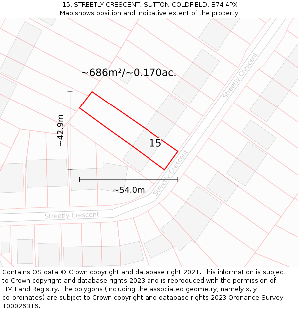 15, STREETLY CRESCENT, SUTTON COLDFIELD, B74 4PX: Plot and title map