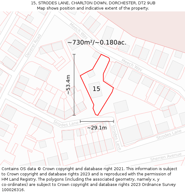 15, STRODES LANE, CHARLTON DOWN, DORCHESTER, DT2 9UB: Plot and title map