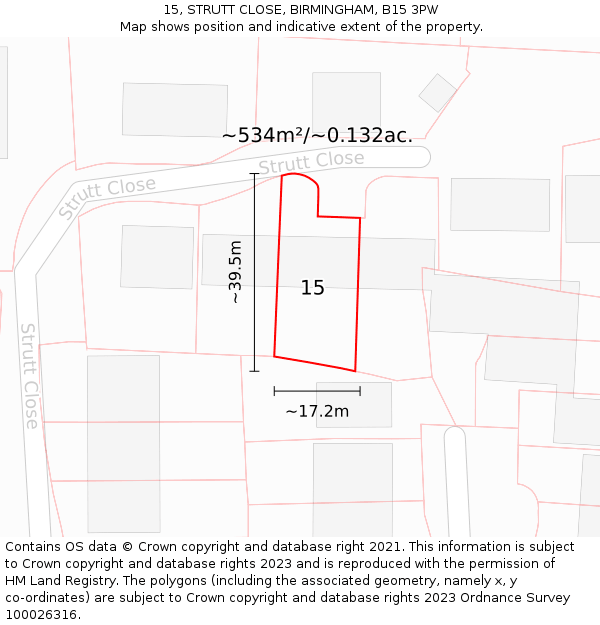 15, STRUTT CLOSE, BIRMINGHAM, B15 3PW: Plot and title map