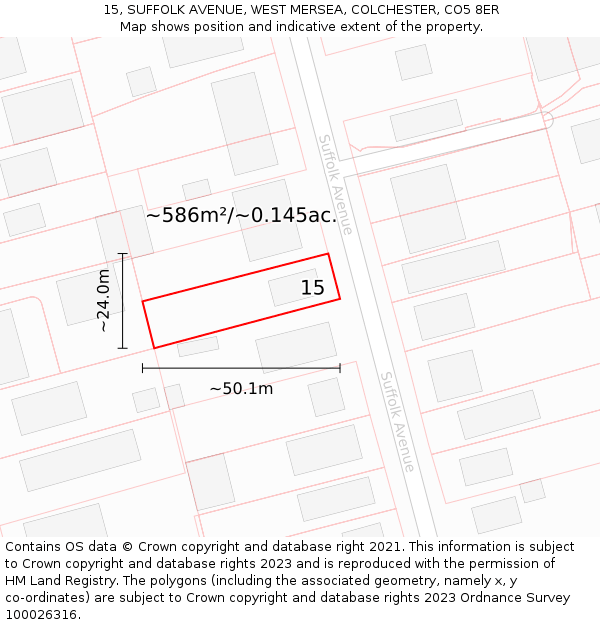 15, SUFFOLK AVENUE, WEST MERSEA, COLCHESTER, CO5 8ER: Plot and title map